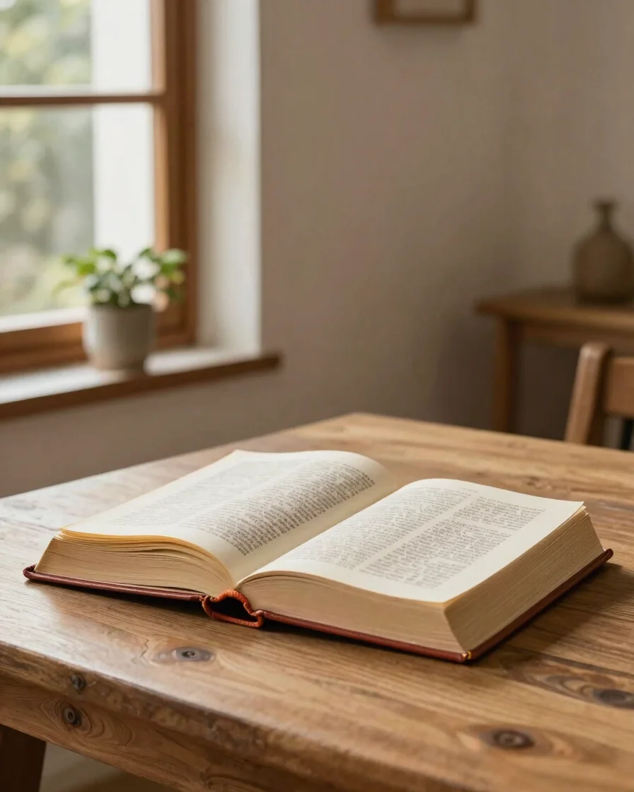 Fotografía editorial de una Biblia abierta sobre una mesa de madera cálida junto a una ventana con luz natural difusa, p